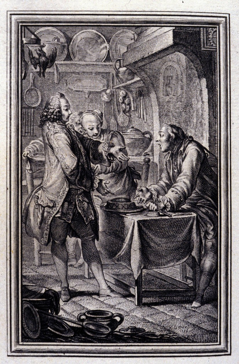Makaron z węgorza. w „Opowieściach i opowiadaniach wierszem” Jean La Fontaine. 1776. Ilustracja P.P. Choffarda. autorstwa Pierre Philippe Choffard