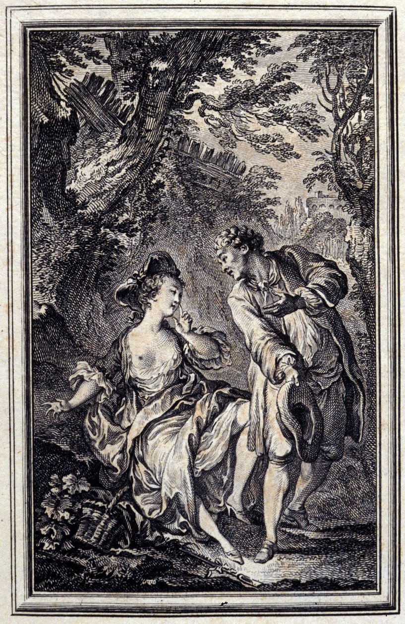 Obietnica to jedno, a trzymanie to drugie. W „” Tales et nouvelles en vers”” Jean de La Fontaine, Amsterdam 1776. Zilustrowane przez P.P.Choffarda. autorstwa Pierre Philippe Choffard
