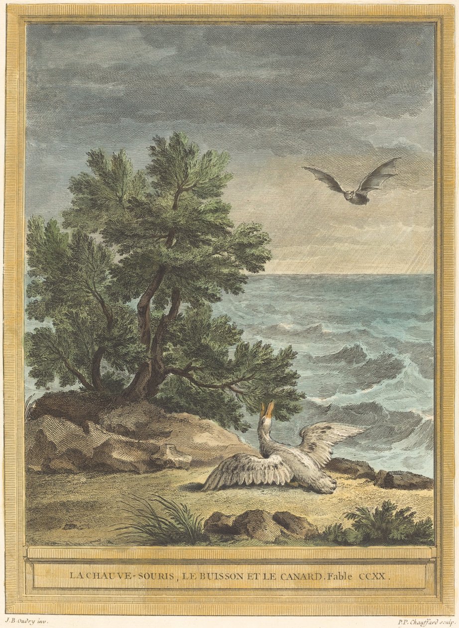 Nietoperz, krzak i kaczka autorstwa Pierre Philippe Choffard after Jean Baptiste Oudry