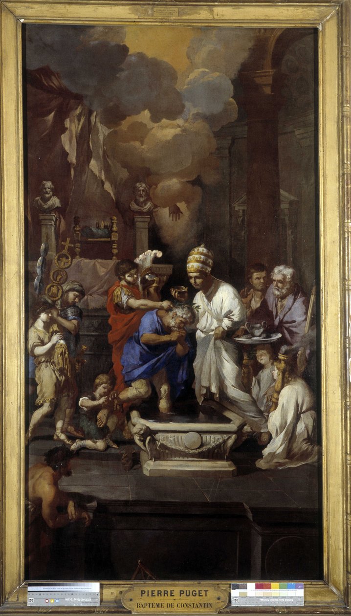 Chrzest Konstantyna: cesarz Kajusz Flawiusz Waleriusz Aureliusz Konstantyn przyjmuje sakrament z rąk papieża Sylwestra I (świętego) w bazylice św. Jana na Lateranie w Rzymie autorstwa Pierre Puget