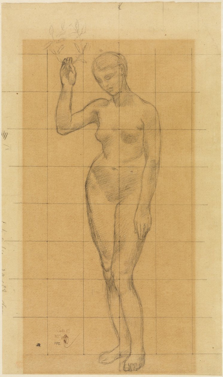Stehender Frauenakt, schräg nach links, einen Kranz in der erhobenen Rechten autorstwa Pierre Puvis de Chavannes