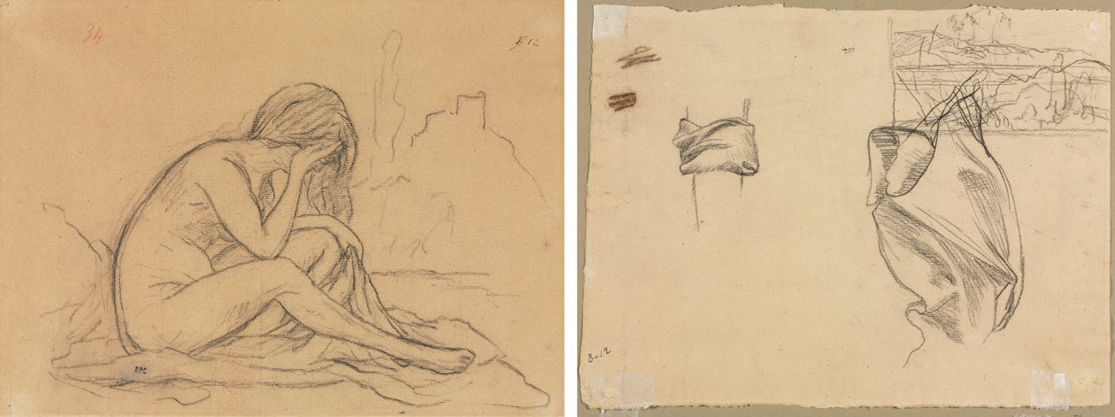 Studium Aktu Kobiecego (być może dla niezrealizowanego obrazu alegorycznego) (recto); Studia Draperii i Studium Krajobrazu (verso) autorstwa Pierre Puvis de Chavannes