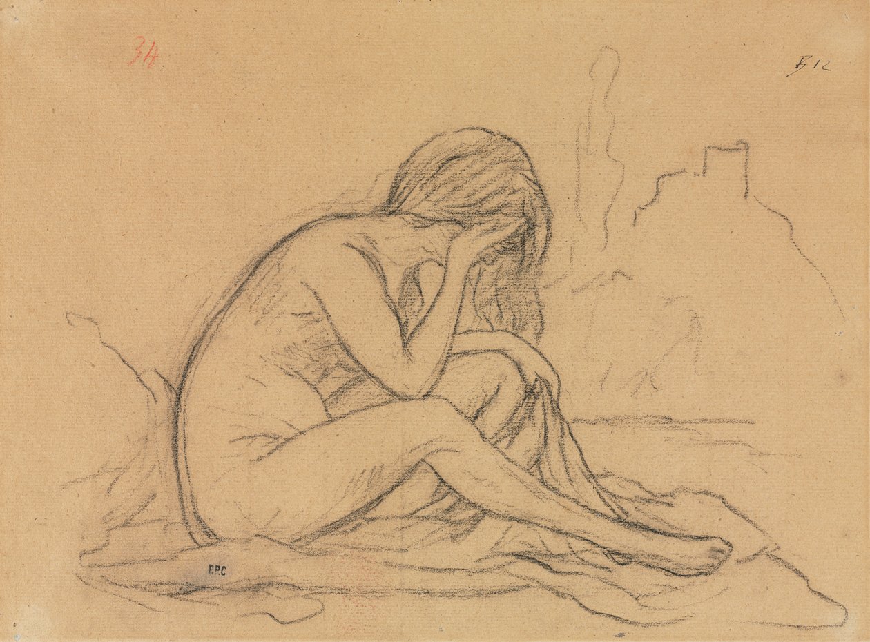 Studium aktu kobiecego ...recto, Studia draperii i Studium pejzażu verso, XIX wiek. autorstwa Pierre Puvis de Chavannes
