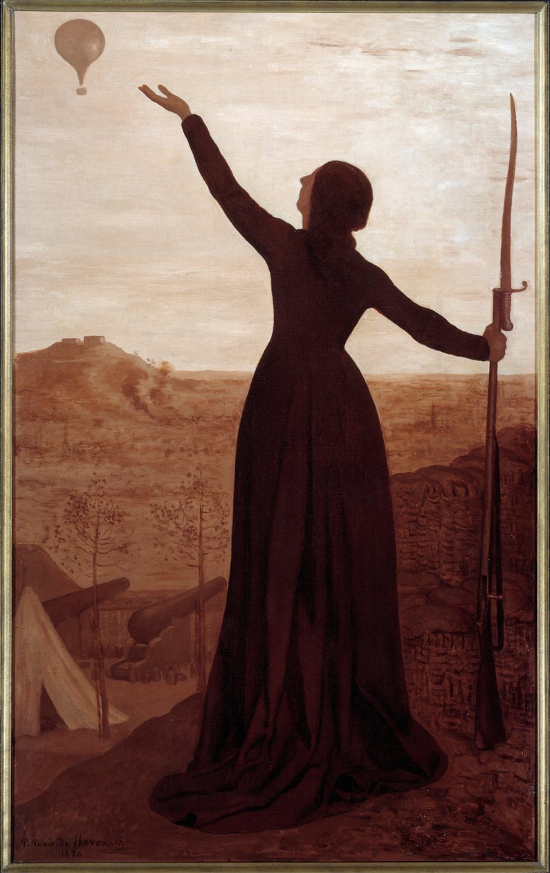 Piłka. Napis na ramce: „Zainwestowane miasto Paryż powierza powietrzu swoje wezwanie do Francji”. Kobieta trzymająca bagnet pokazuje balon na niebie. Obraz Pierre Puvis De Chavannes (1824-1898) autorstwa Pierre Puvis de Chavannes