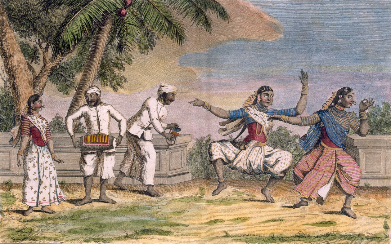 Grupa Bayaderes, czyli indyjskich tancerek, z muzykami płci męskiej, ilustracja z „Voyage aux Indes et a la Chine”, sztychowana przez Poissona, 1782 (kolorowa grawerunek) autorstwa Pierre Sonnerat
