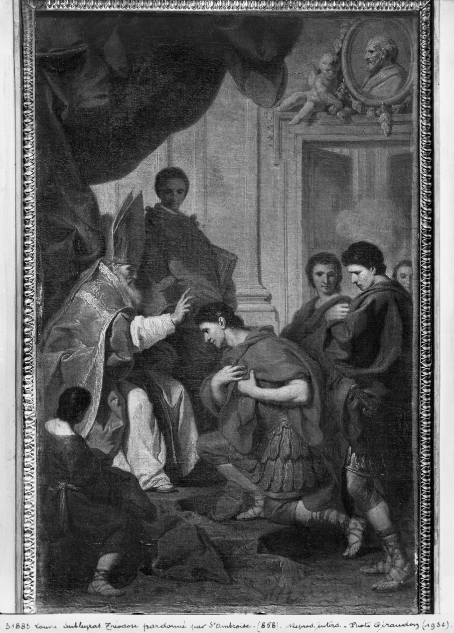 Ambrożego, arcybiskupa Mediolanu, ok. 1745 r., cesarz Teodozjusz I Wielki otrzymuje ułaskawienie od św. autorstwa Pierre Subleyras