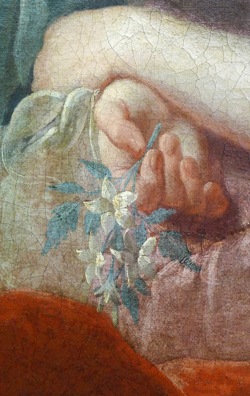 Ręka młodej kobiety trzymającej kwitnącą gałąź. Fragment portretu Madame Poulhariex i jej córki, około 1728 r. (olej na płótnie) autorstwa Pierre Subleyras