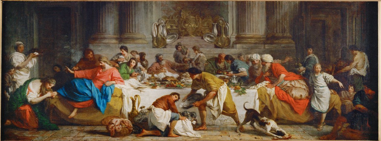 Le repas chez Simon. Posiłek w domu Szymona. Marta polewa stopy Chrystusa olejkiem i osusza je włosami ... autorstwa Pierre Subleyras