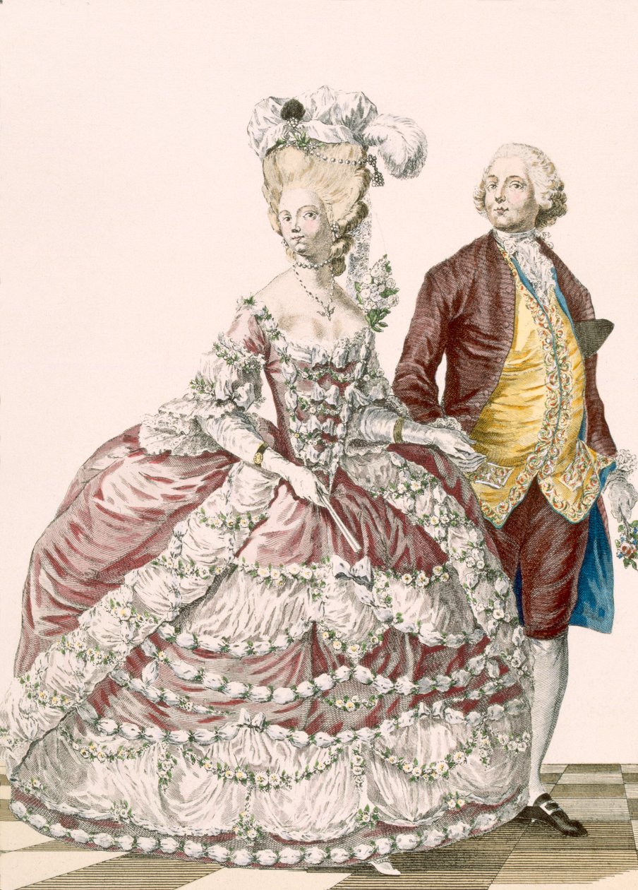 Nieformalna suknia ślubna, grawerowana przez Dupina, tablica nr 88 z „Galeries des Modes et Costumes Francais”, ok. 1778-87 (kolorowa grawerunek) 99: ubiór; strój tradycyjny; strój tradycyjny; moda; ilustracja; c18th; modny; ubranie; żeński; mężczyzna; gau autorstwa Pierre Thomas (after) Le Clerc