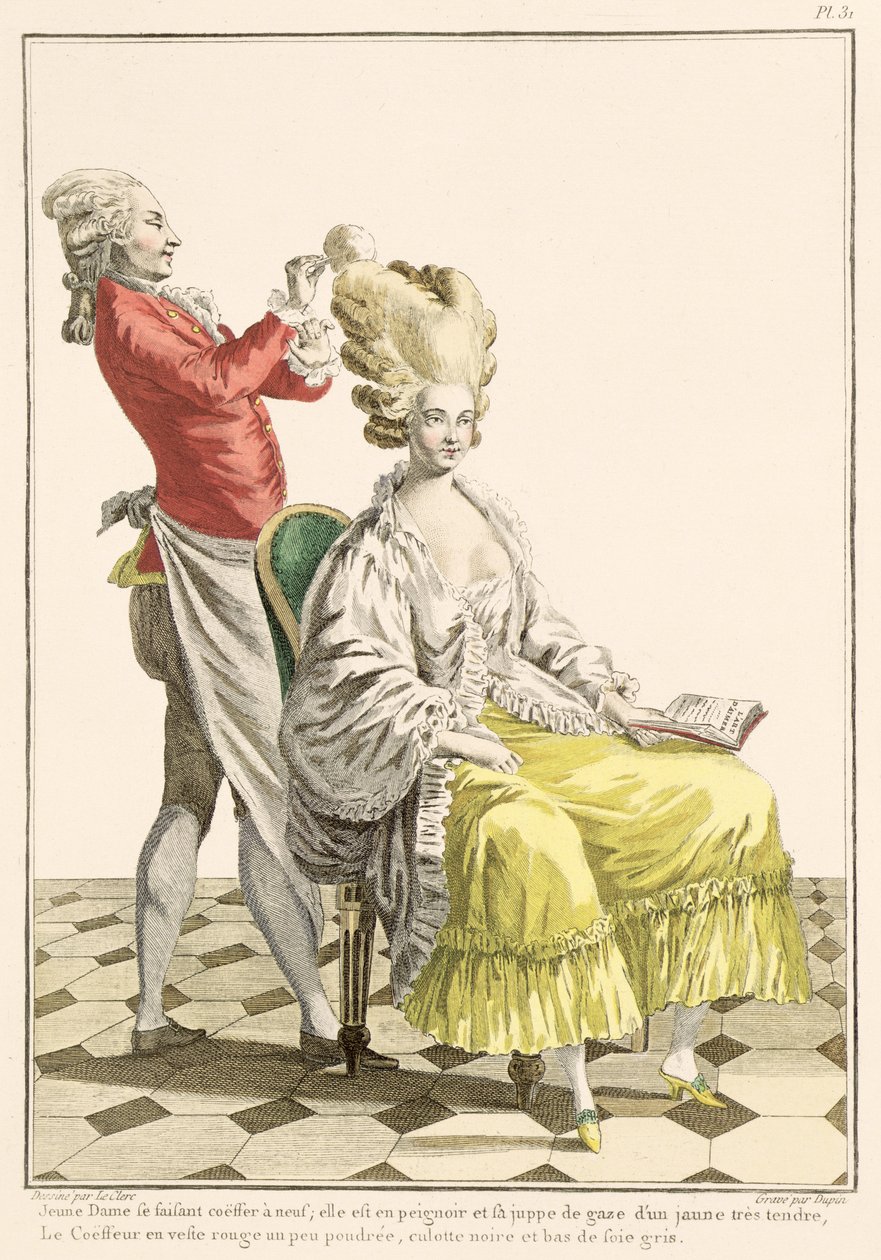 Młoda kobieta w peniuaru z fryzjerem, tablica 31 z „Galerie des Modes et Costumes Francais”, ryt. Dupin, 1778 autorstwa Pierre Thomas Le Clerc