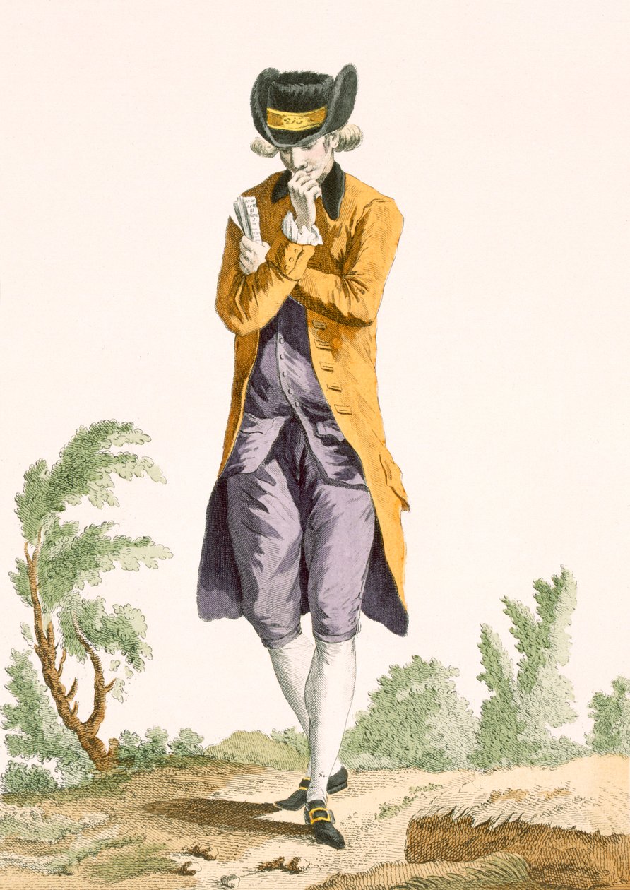 Młody burżuazyjny student aktorstwa pogrążony w myślach, rycina Dupina, tablica nr 22 z „Galeries des Modes et Costumes Francais”, ok. 1778-87 autorstwa Pierre Thomas Le Clerc