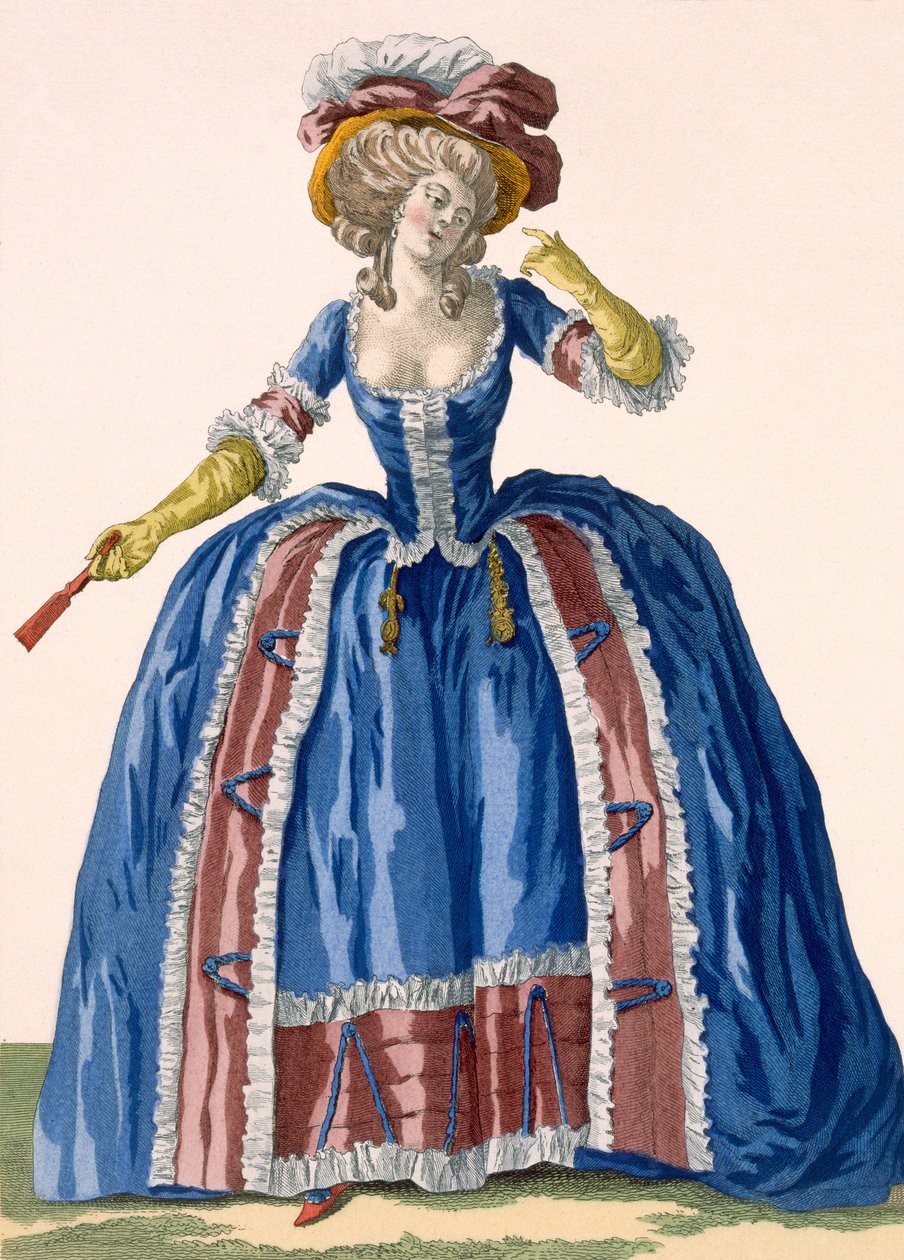 Suknia w stylu angielskim w kolorze elektrycznego błękitu z bordową falbaną, wygrawerowana przez Bacquoy, tabliczka nr 182 z "Galeries des Modes et Costumes Francais", ok. 1778-87 99:odzież; autorstwa Pierre Thomas Le Clerc