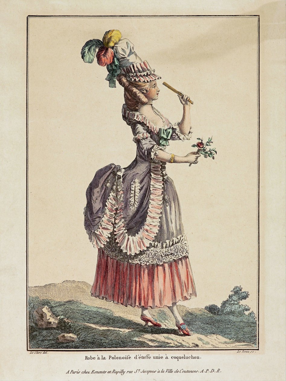Polska suknia z gładkiej tkaniny z coqueluchon - Dzieło Pierre Thomas Le Clerc (1739-1796), rycina i akwarela, wydobyte z Galerii Francuskich Modów i Kostiumów autorstwa Pierre Thomas Le Clerc