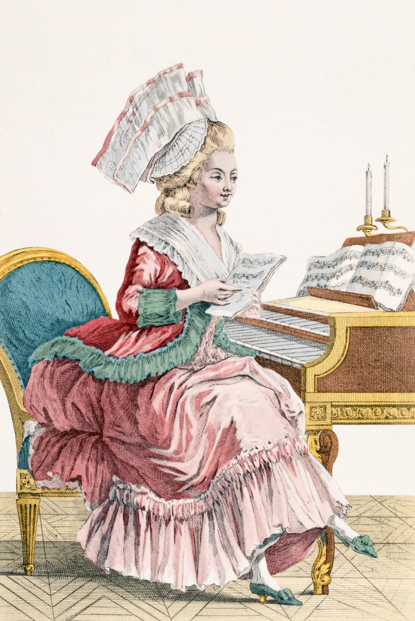 Młoda kobieta ucząca się muzyki przy swoim klawesynie, ryt. J. Pelicier, płyta 149 z „Galerie des Modes et Costumes Francais” autorstwa Pierre Thomas Le Clerc