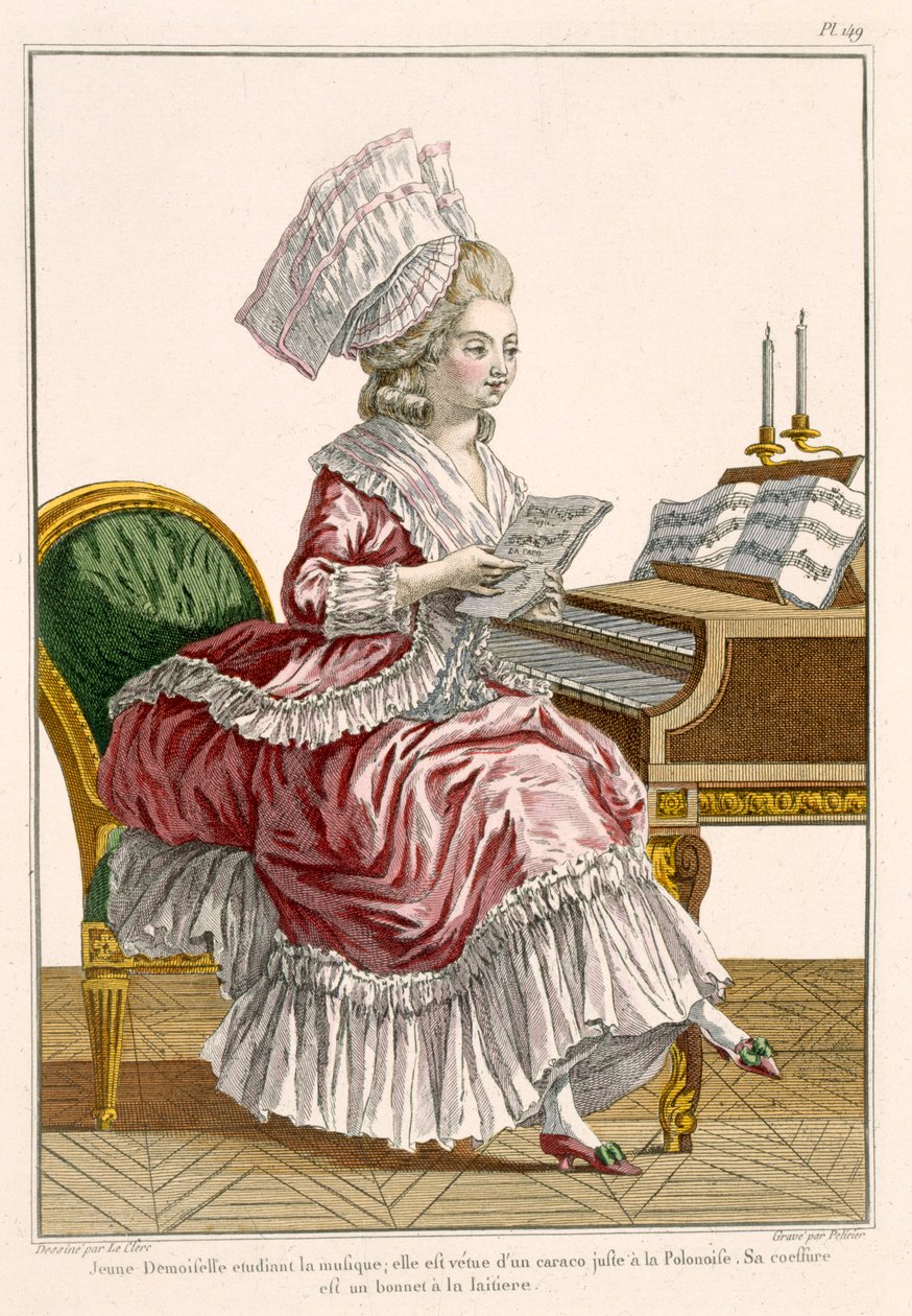 Młoda kobieta ucząca się muzyki przy swoim klawesynie, płyta 149 z „Galerie des Modes et Costumes Francais”, sztych. J. Pelicier, 1778 autorstwa Pierre Thomas Le Clerc