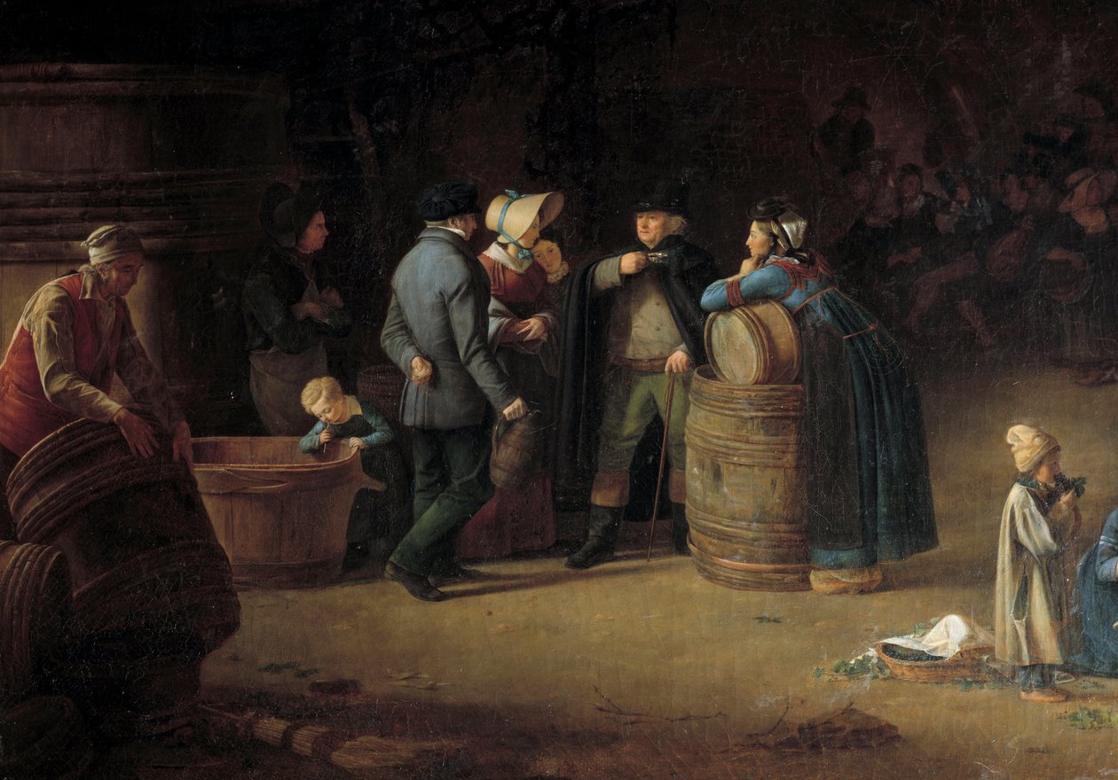 Właściciel odwiedzający swoją piwnicę w Burgundii Winiarz kontroluje stan produkcji wina w swojej winnicy. Szczegół. Obraz Jeana Baptiste Olagnona (1816-?) XIX wiek. Beaune autorstwa Pierre Victor Olagnon