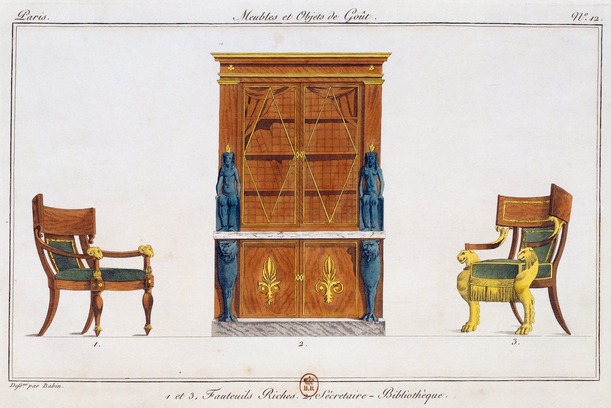 Fotele i biurko biblioteczne, talerz 12, ilustracja z Collection de meubles et objects de gout (Kolekcja mebli i przedmiotów smaku) autorstwa Pierre de La Mesangere