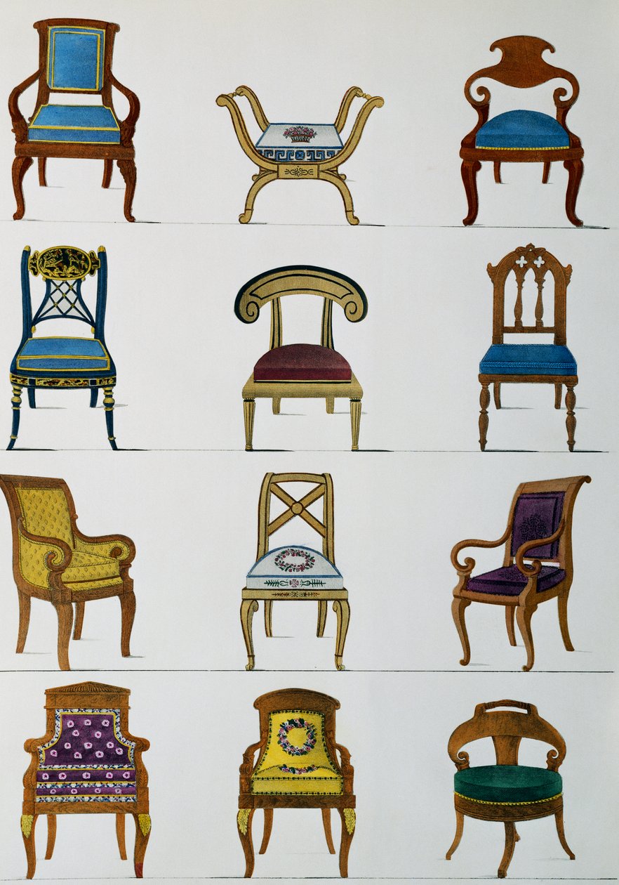 Fotele, krzesła i podnóżki, Ilustracja z Collection de meubles et objects de gout (Kolekcja mebli i przedmiotów smaku) autorstwa Pierre de La Mesangere