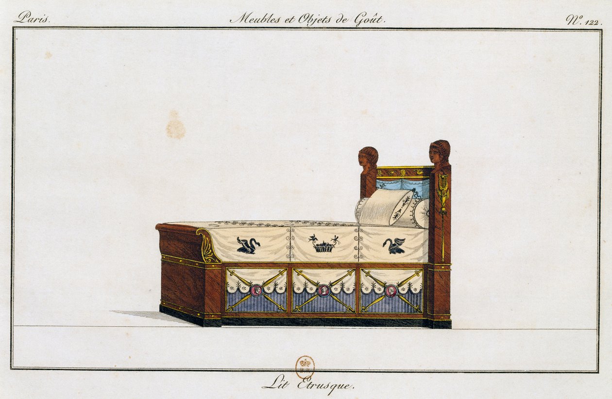 Łóżko etruskie, talerz 122, ilustracja z Collection de meubles et objects de gout (Kolekcja mebli i przedmiotów smaku) autorstwa Pierre de La Mesangere