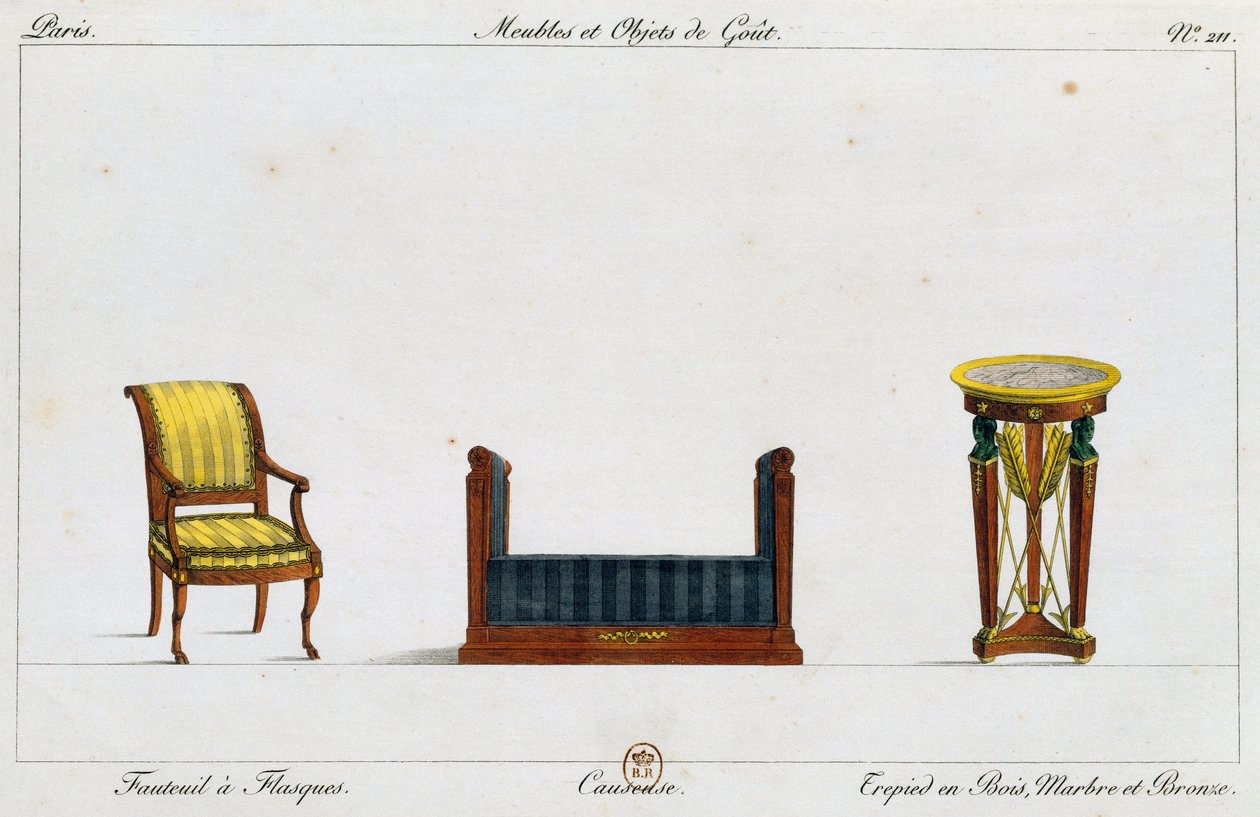 Fotel z kołnierzem, dwuosobowa kanapa i stolik na trójnogu, talerz 211, ilustracja z Collection de meubles et objects de gout (Kolekcja mebli i przedmiotów smaku) autorstwa Pierre de La Mesangere