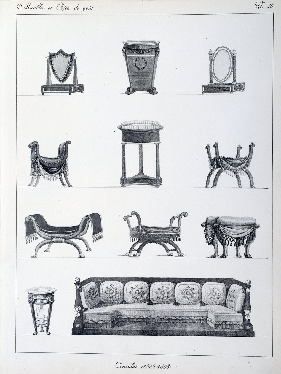 Meble z okresu konsulatu (1802-1803). Talerz zaczerpnięty z kolekcji „Collection de mobilier et objets de taste” autorstwa Pierre de la Mesangere (1761-1831). Paryż. Sztuka dekoracyjna autorstwa Pierre de La Mesangere