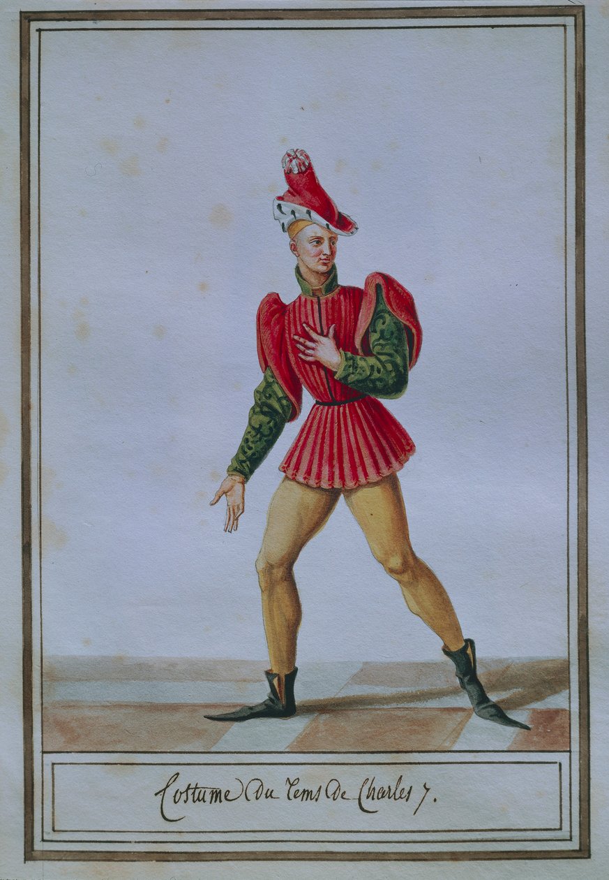 Męska tabliczka modowa przedstawiająca strój z czasów Karola VII (1403-1461), autorstwa Pierre Antoine Leboux de La Mesangere (1761-1831), akwarela autorstwa Pierre de La Mesangere