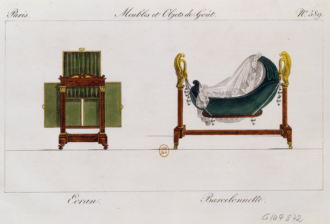Parawan i kołyska kołyskowa, płyta 589, ilustracja z Collection de meubles et objects de gout (Kolekcja mebli i przedmiotów smaku) autorstwa Pierre de La Mesangere