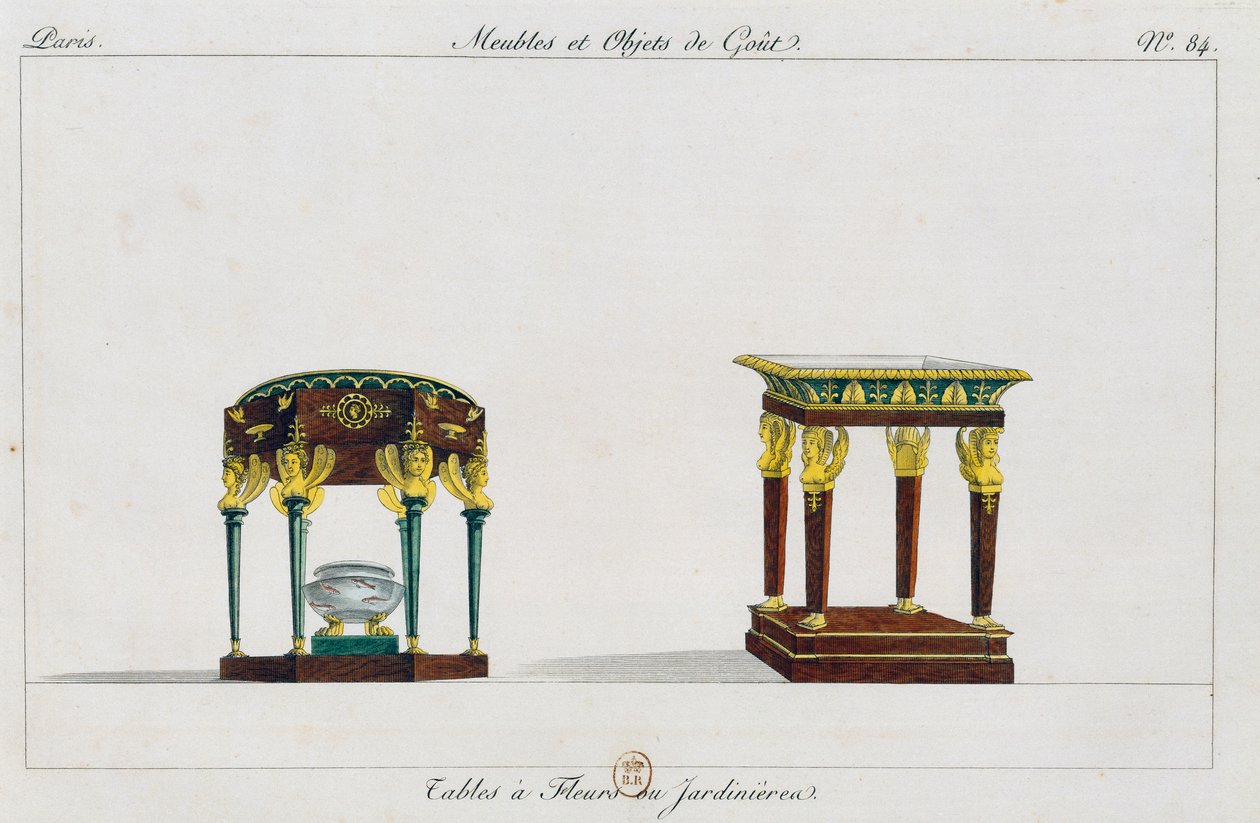 Stoliki na kwiaty lub kwietniki, talerz 84, ilustracja z Collection de meubles et objects de gout (Kolekcja mebli i przedmiotów smaku) autorstwa Pierre de La Mesangere