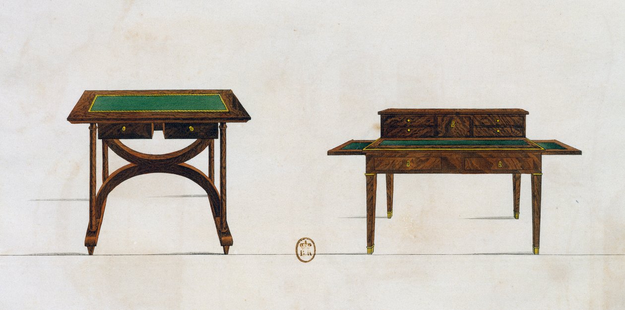 Biurko i biurko, talerz 436, ilustracja z Collection de meubles et objects de gout (Kolekcja mebli i przedmiotów smaku) autorstwa Pierre de La Mesangere