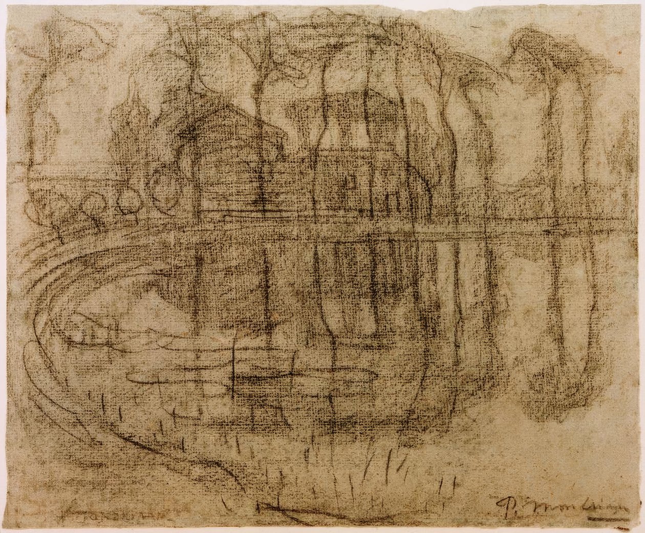 Dom wiejski z drzewami nad wodą autorstwa Piet Mondrian