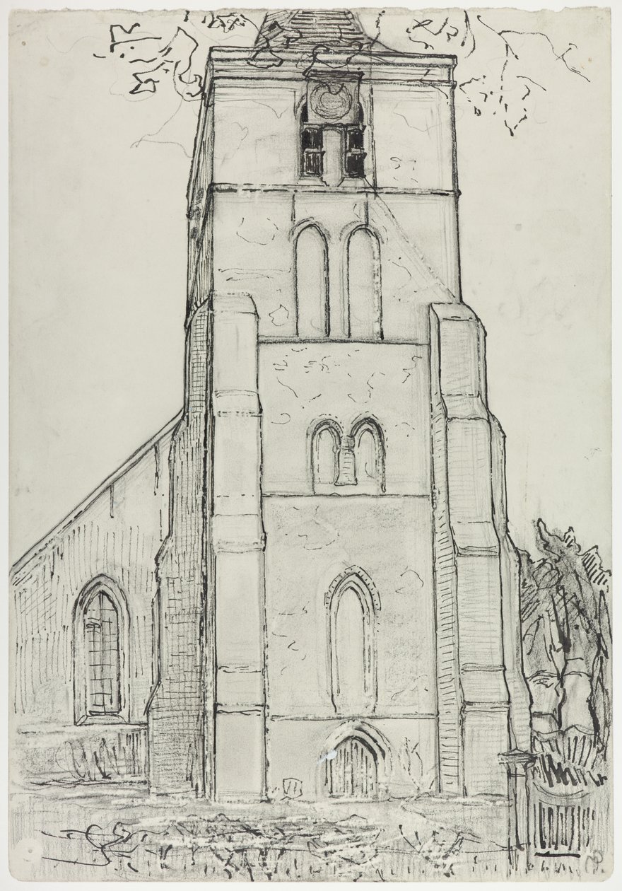 Wieża kościelna w Domburgu, koniec 1910 – początek 1911 (tusz na ołówku i kredka na papierze) autorstwa Piet Mondrian