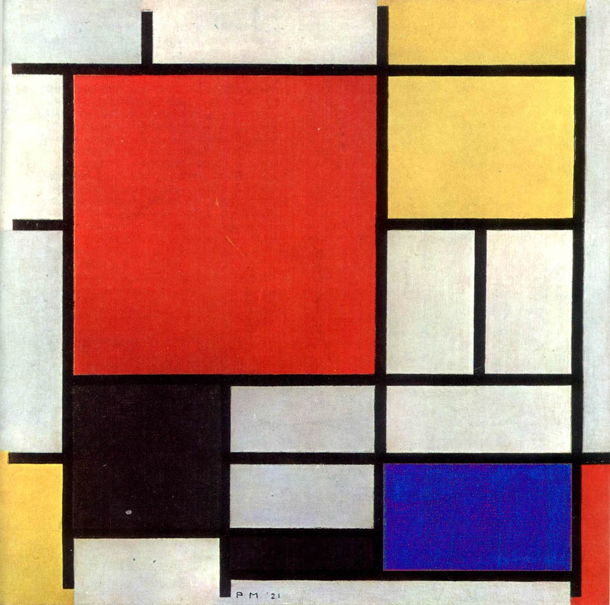 Kompozycja w kolorze czerwonym, żółtym, niebieskim i czarnym autorstwa Piet Mondrian