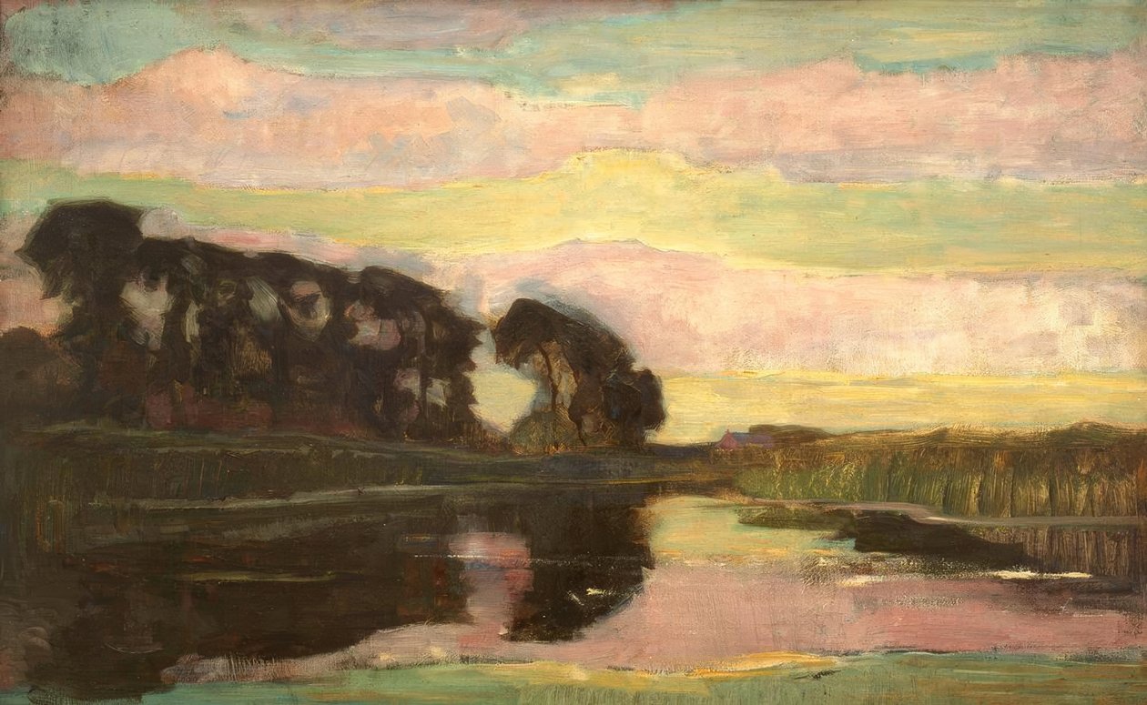 Krajobraz rzeki z różowym i żółto-zielonym niebem autorstwa Piet Mondrian