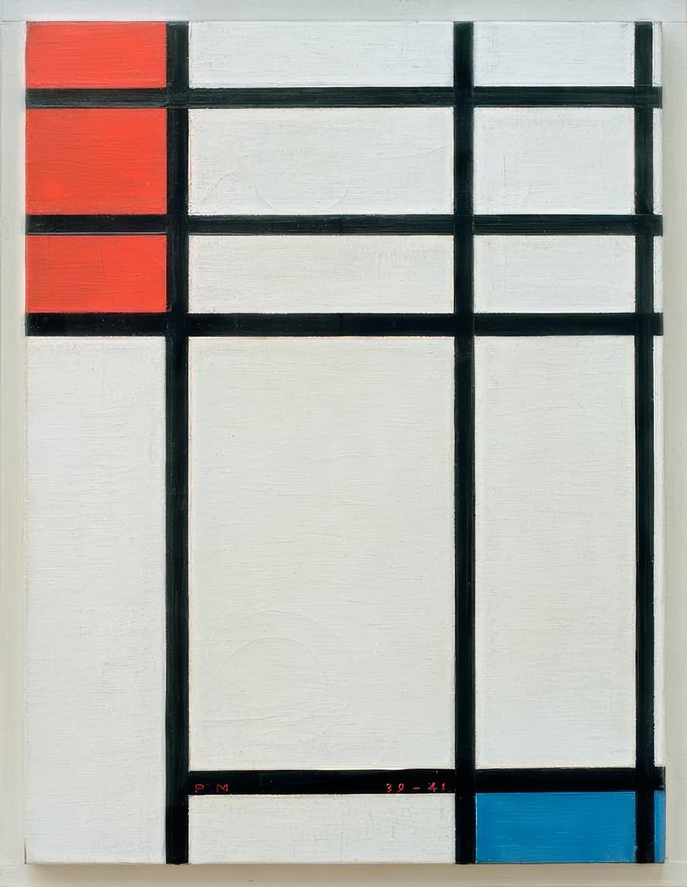 Kompozycja w kolorze czerwonym, niebieskim i białym autorstwa Piet Mondrian