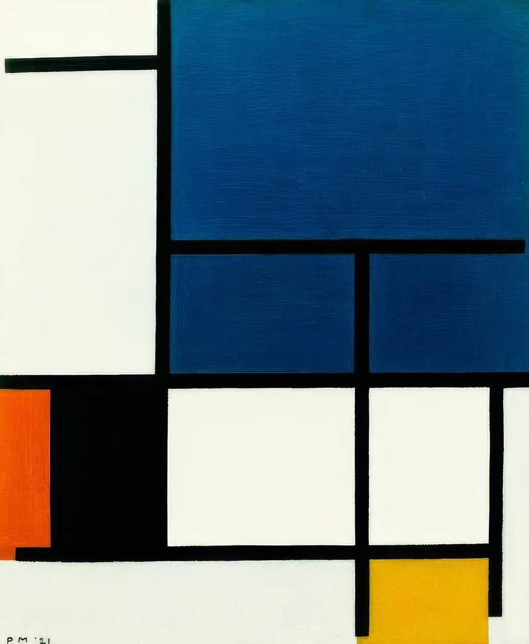 Kompozycja z dużym niebieskim obszarem, czerwonym, czarnym, żółtym i autorstwa Piet Mondrian