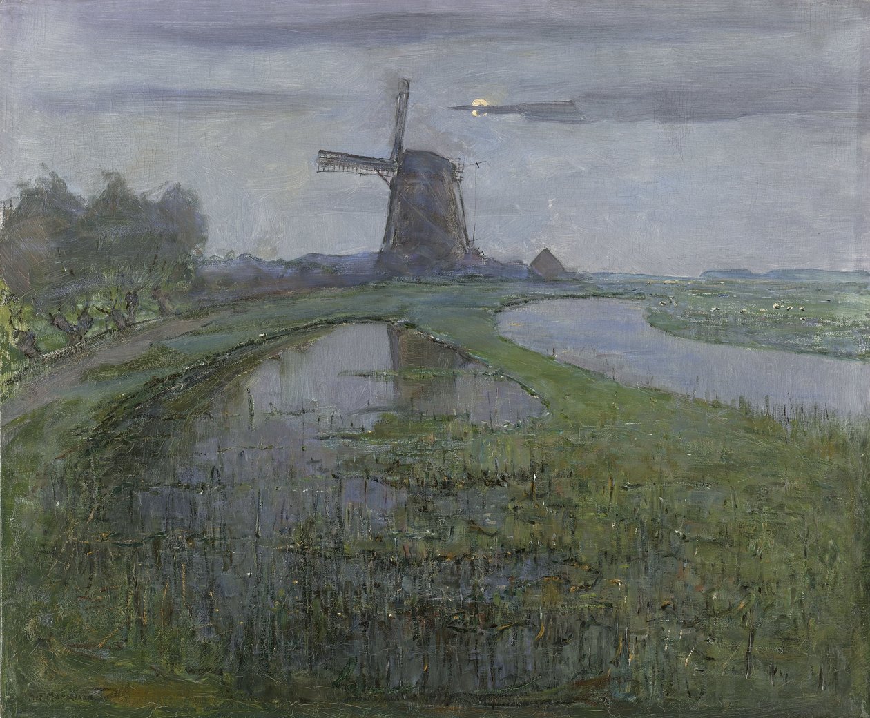Młyn Oostzijdse wzdłuż rzeki Gein przy Moonlight autorstwa Piet Mondrian
