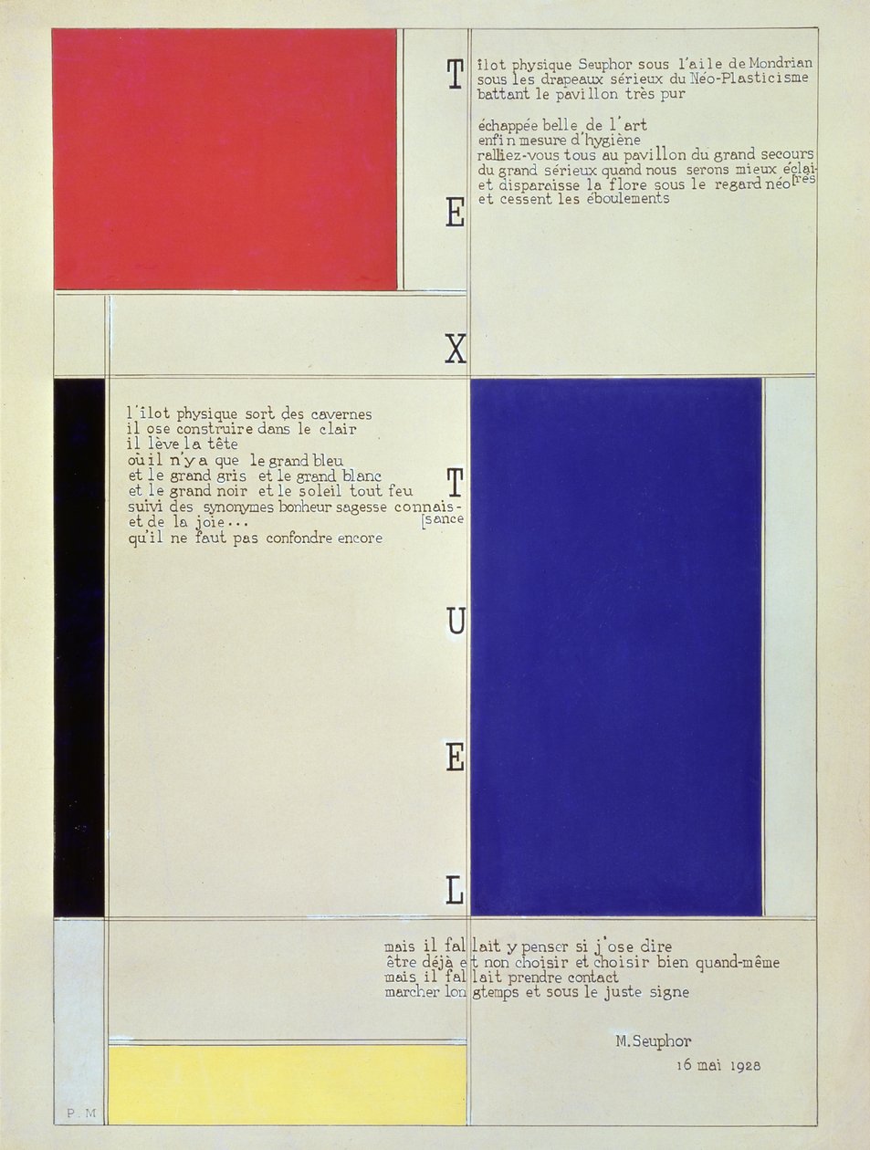 Tableau-Poeme, z tekstem Michela Seuphora, 1928 (ołówek, długopis, tusz i gwasz na tekturze) autorstwa Piet Mondrian