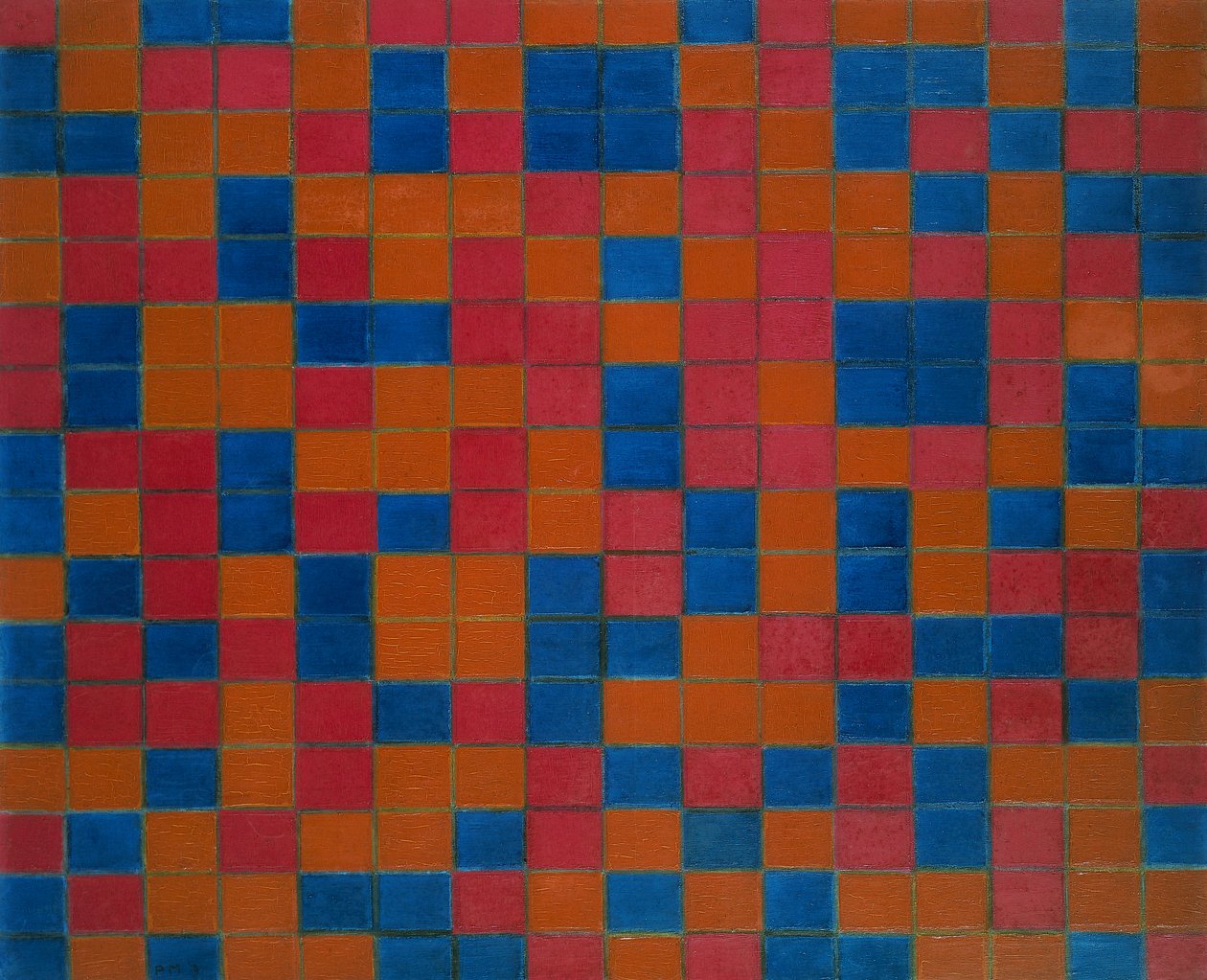 Kompozycja szachownicy w ciemnych kolorach autorstwa Piet Mondrian