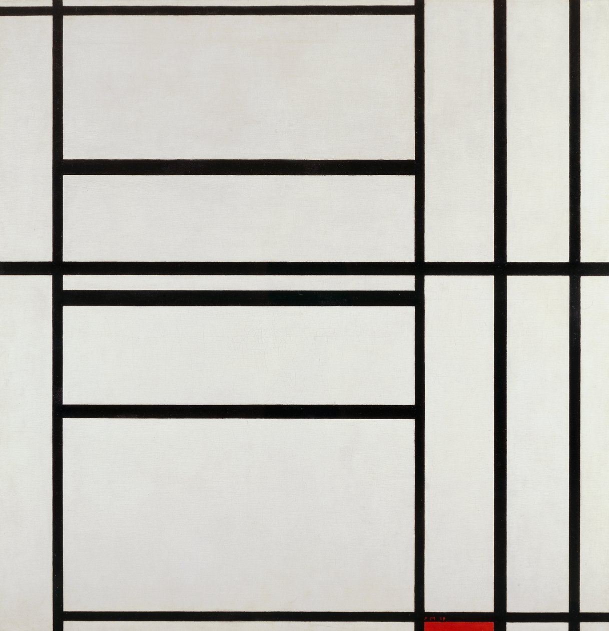 Kompozycja nr 1 z szarością i czerwienią 1938, Piet Mondrian (1872-1944), olej na płótnie autorstwa Piet Mondrian