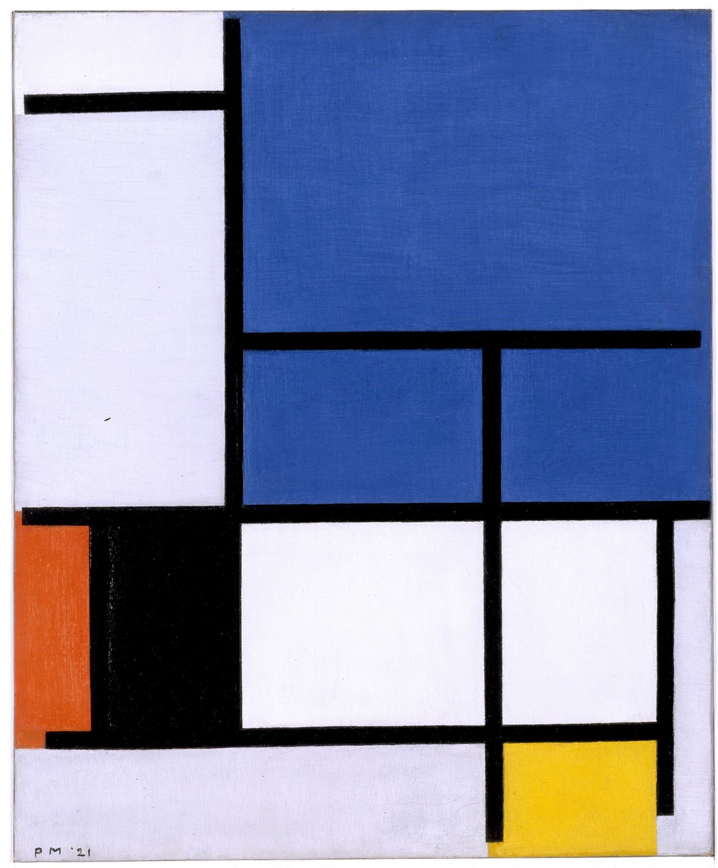 Kompozycja z dużym niebieskim samolotem, czerwonym, czarnym, żółtym i szarym autorstwa Piet Mondrian