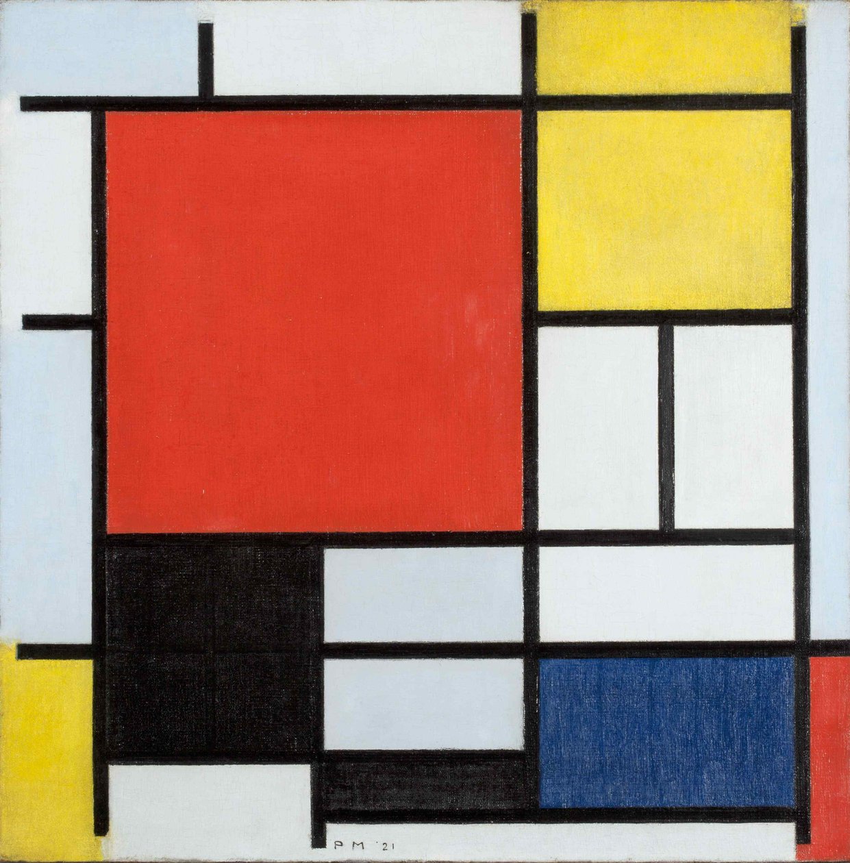 Kompozycja z dużym czerwonym samolotem, żółtym, czarnym, szarym i niebieskim autorstwa Piet Mondrian