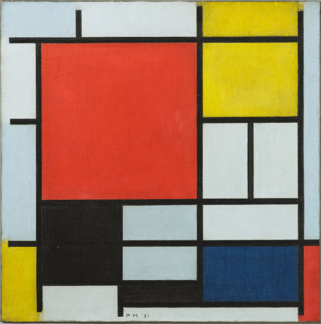 Kompozycja z dużym czerwonym samolotem, żółtym, czarnym, szarym i niebieskim, 1921 autorstwa Piet Mondrian