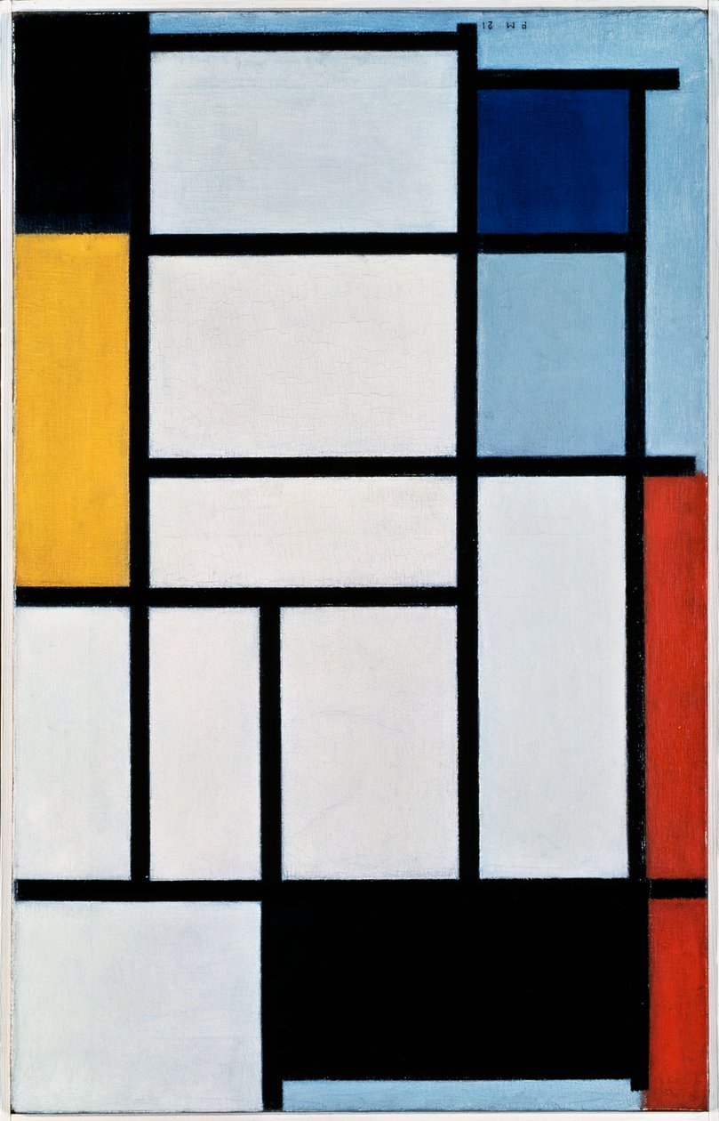 Kompozycja z czerwonym, czarnym, żółtym, niebieskim i szarym autorstwa Piet Mondrian