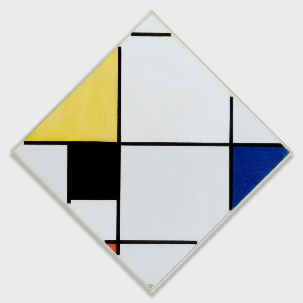 Kompozycja rombowa z żółcią, czernią, błękitem, czerwienią i szarością autorstwa Piet Mondrian