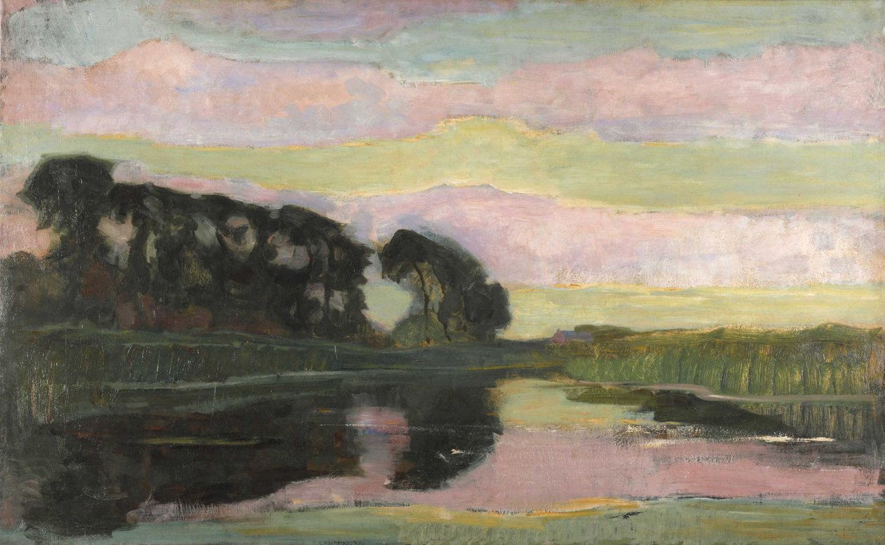 Krajobraz rzeki z różowym i żółtozielonym niebem, ok. 1907-1908. autorstwa Piet Mondrian