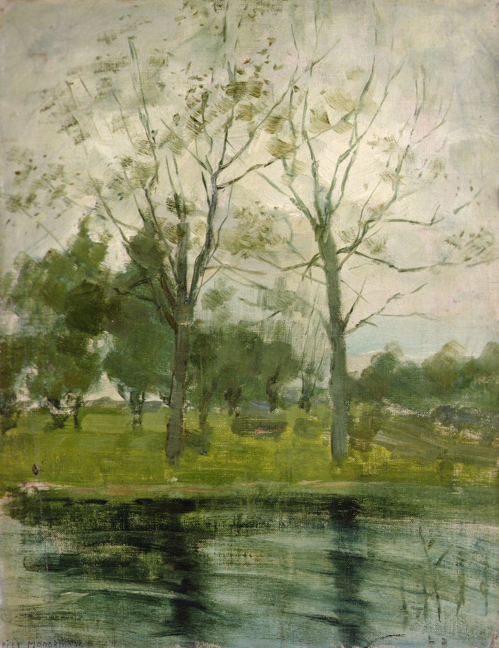 Dwa drzewa zarysowane za ciekiem wodnym autorstwa Piet Mondrian