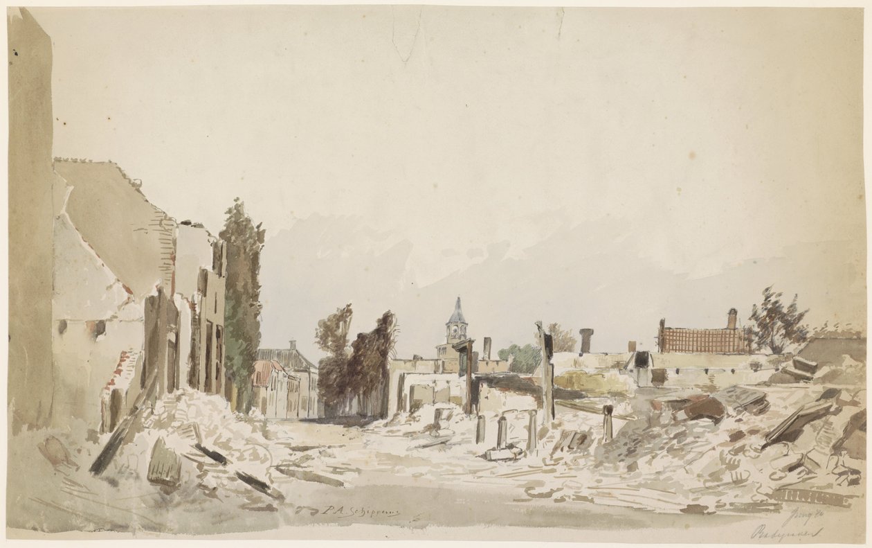 Ruiny w Bodegraven po pożarze z czerwca 1870 r. autorstwa Piet Schipperus