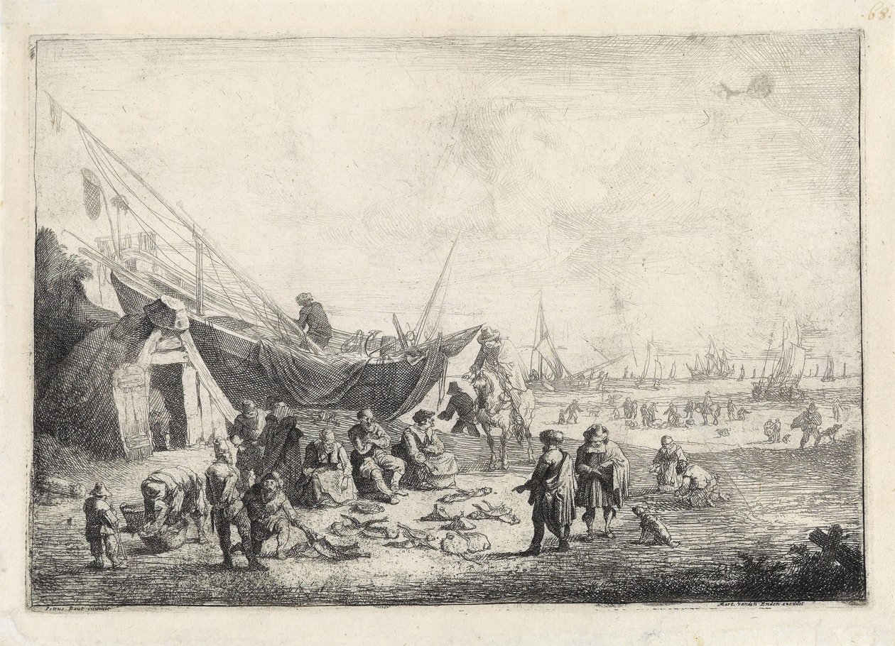 Targ rybny na plaży Scheveningen autorstwa Pieter Bouts