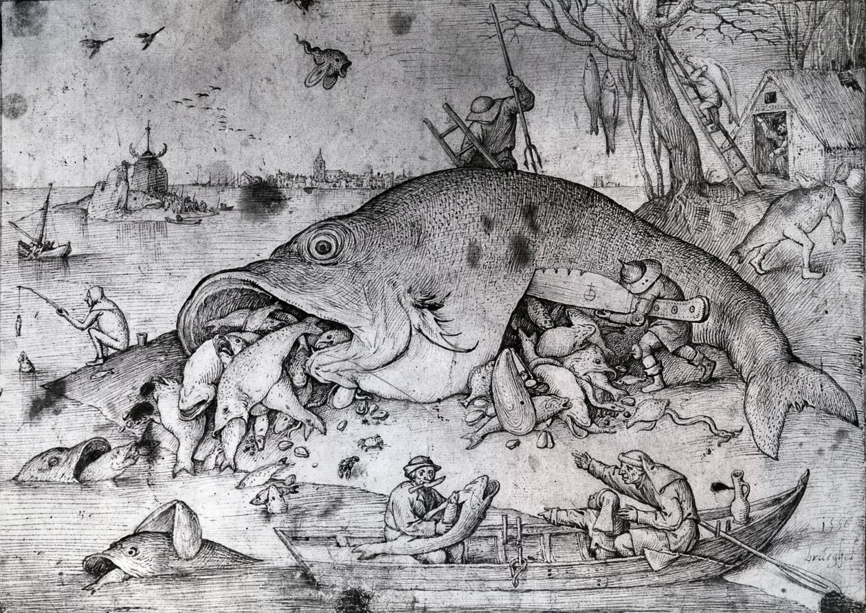 Duże ryby zjadają małe, 1556 (pióro i atrament na papierze) autorstwa Pieter Bruegel the Elder