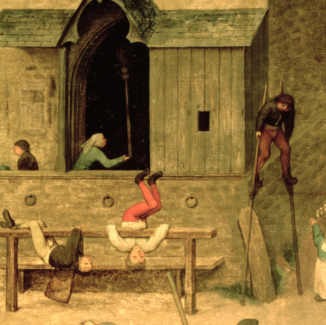 Gry dla dzieci (Kinderspiele): fragment chłopca na szczudłach i dzieci bawiących się w dybach, 1560 (detal 68945) autorstwa Pieter Bruegel the Elder